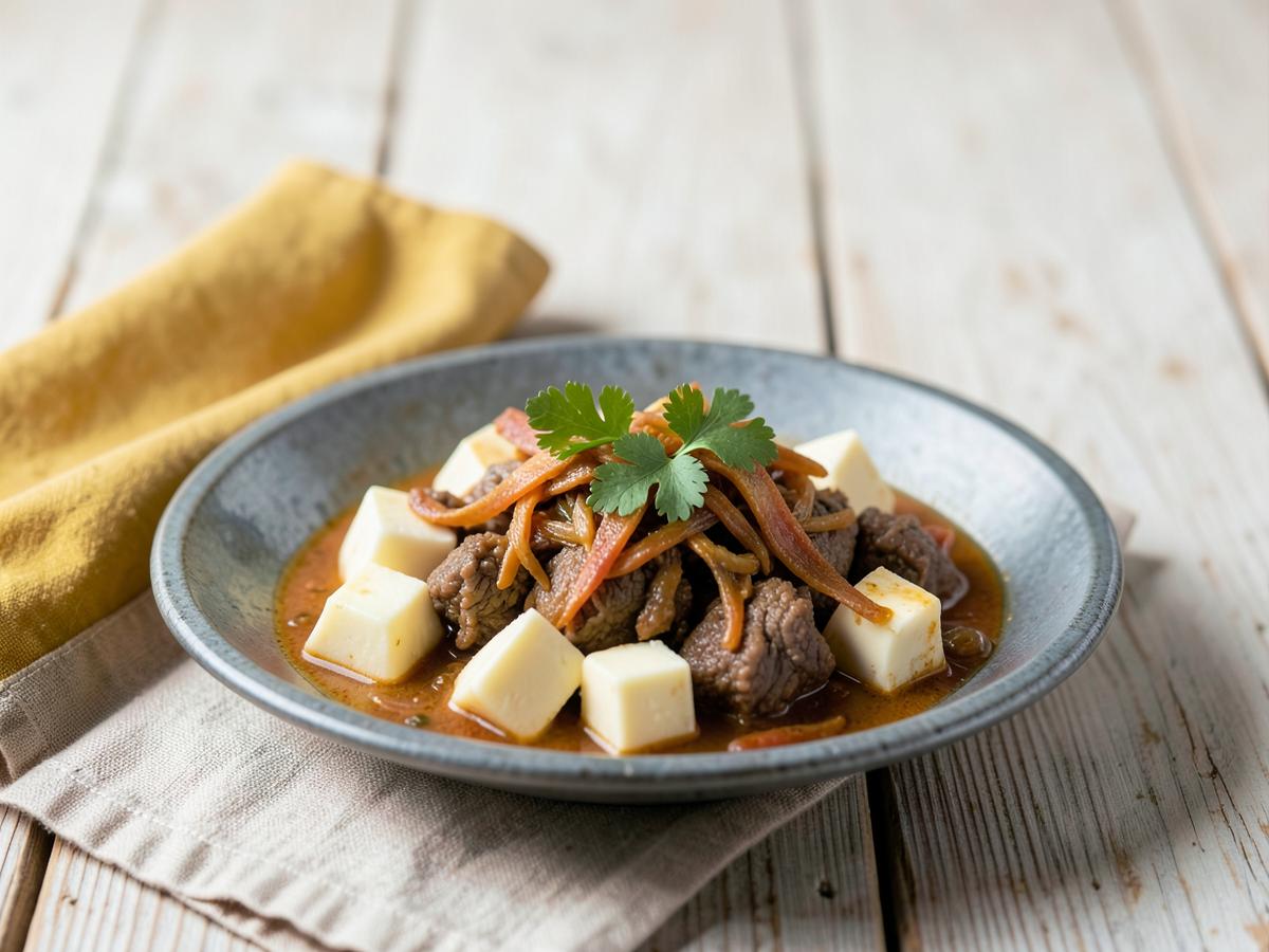 Panela de baião de dois com carne de sol, queijo coalho em cubos e coentro