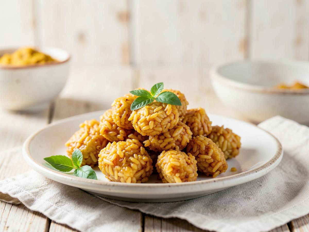 Bolinhos de arroz dourados empilhados em prato com salsinha