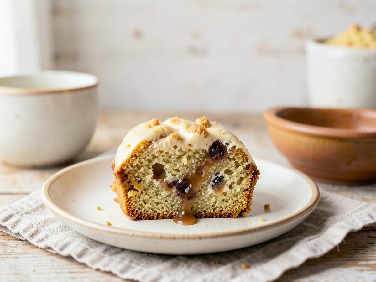 Fatia de bolo de fubá cremoso com pedaços de goiabada derretida