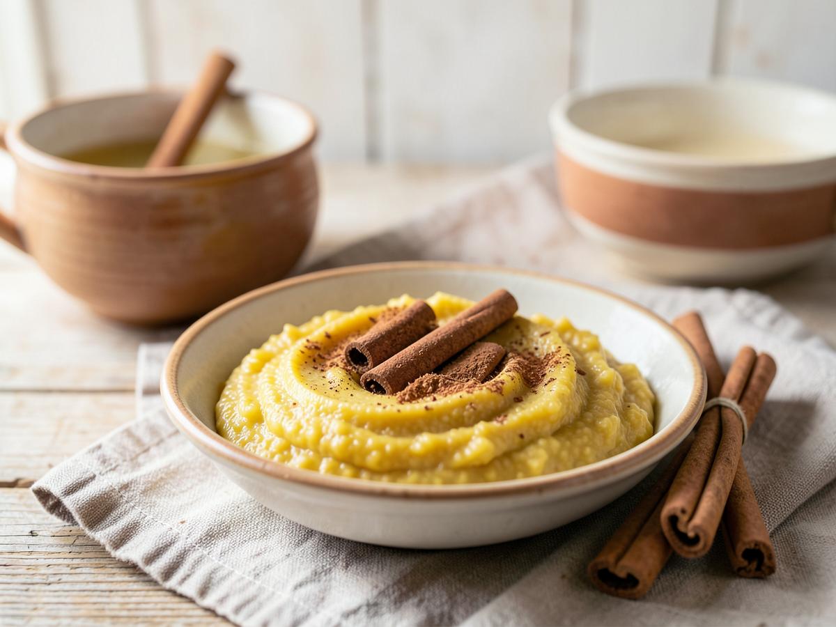 Tigela de mingau de fubá cremoso polvilhado com canela e pau de canela ao lado