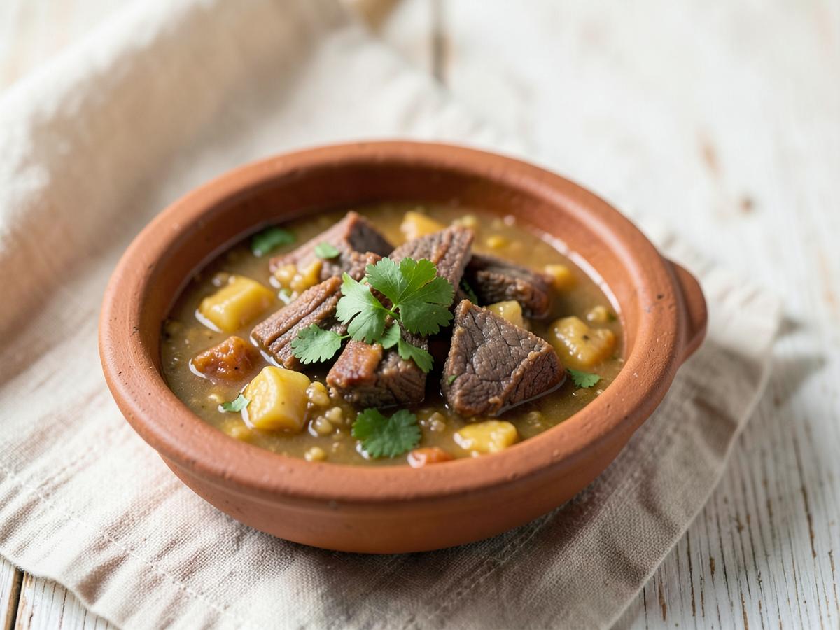 Panela de barro com mungunzá salgado, carne seca e coentro