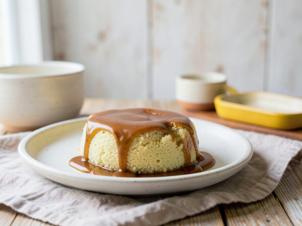Pudim de canjica desenformado com calda de caramelo escorrendo